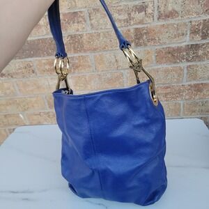 JPK Paris 75 Cobalt Blue Pebbled Leather Hobo Shoulder Bag Gold Hardware Paisley